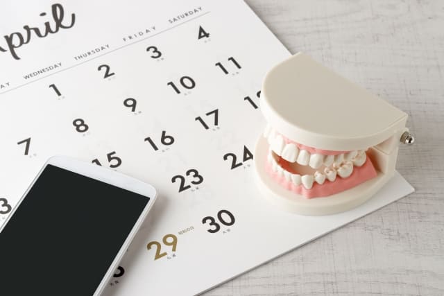 カレンダーとスマートフォンと歯の模型